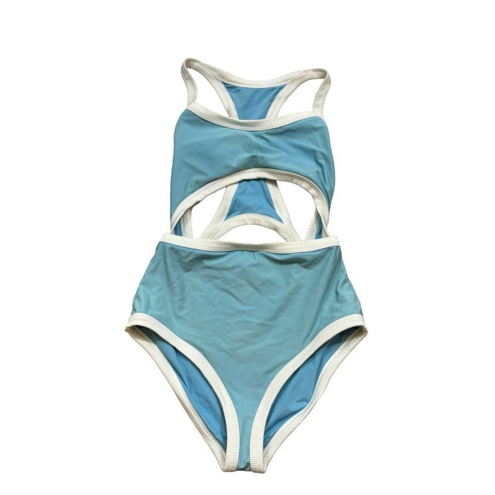 Ladies Aerie Blue and‎ White Cut Out One Piece Swim Suit Size Small Tall